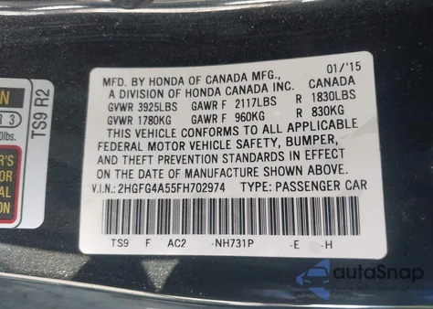 2015 Honda Civic Si из США, поврежденный, VIN 2HGFG4A55FH702974